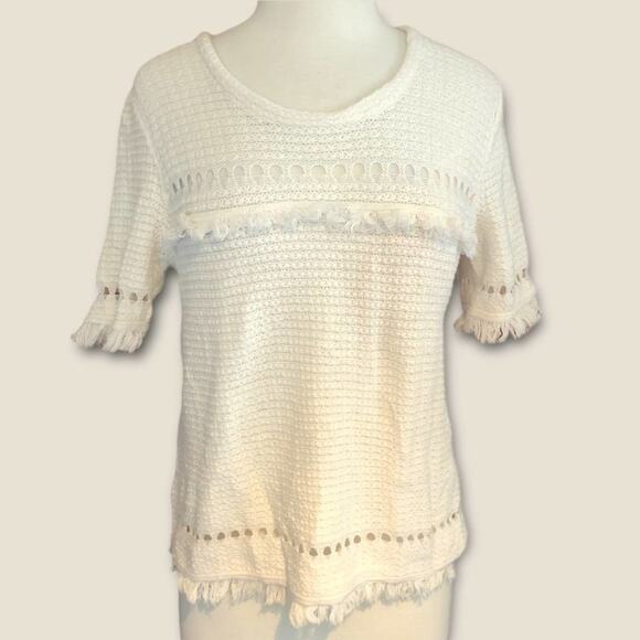 J.Crew Knit Top Medium White Short Sleeve Sweater Tee with Crochet Trim - Picture 1 of 6